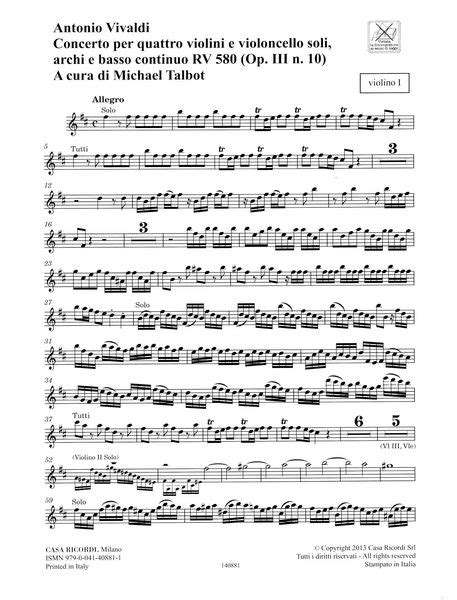 Concerto In B Minor For 4 Violins, Violoncello, Strings And Basso Continuo RV580